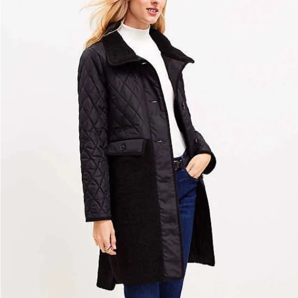 LOFT Black Shearling Mixed Media Coat - XXS Petite - Picture 1 of 10